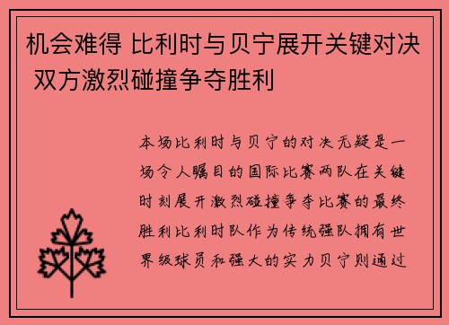 机会难得 比利时与贝宁展开关键对决 双方激烈碰撞争夺胜利